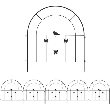 Clôture de jardin en acier 300 x 70 cm avec 5 panneaux décoratifs noirs à motifs papillons et oiseaux (1/5)