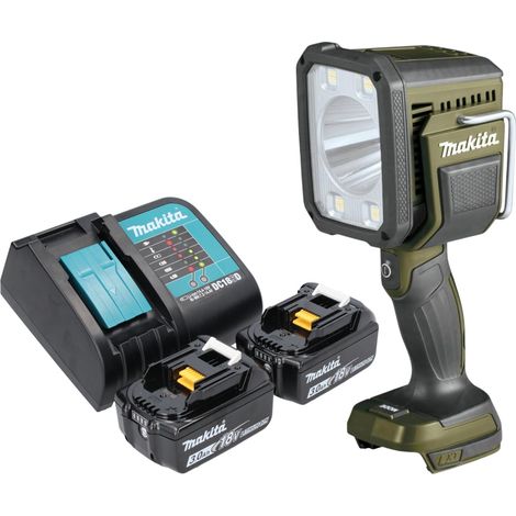 Foco de mano inalámbrico Makita DML 812 SF 18 V 1250 lm LED verde oliva outdoor adventure special edition + 2x batería recargable 3,0 Ah + cargador