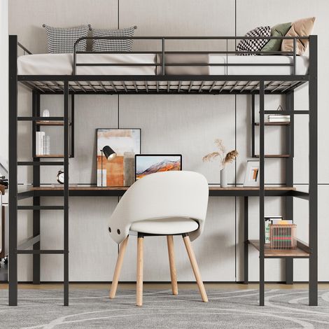 Lit mezzanine enfant 90x200cm - cadre en métal, lit mezzanine avec bureau, échelle et 4 petite étagères de coins, style industriel - noir (1/5)