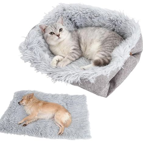 Waschbarer 2-in-1-Katzenkorb mit Knöpfen – Weiches und bequemes Katzenkissen, Katzenmatte, flauschiger Katzenkorb für Kätzchen und kleine Hunde, Grau, 61 × 51 cm (1/5)