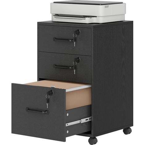 Caisson de Bureau Mobile avec 3 Tiroirs Verrouillables, Caisson de Rangement sur Roulettes, 40 x 40 x 69,5 cm, Noir (1/5)