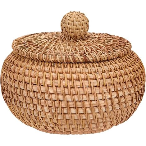 Panier Rond en Rotin avec Couvercle Petit Panier Tressé en Osier 57"X 3" boîte de Rangement Décorative en Rotin pour Entrée et Décoration Intérieure (1/5)