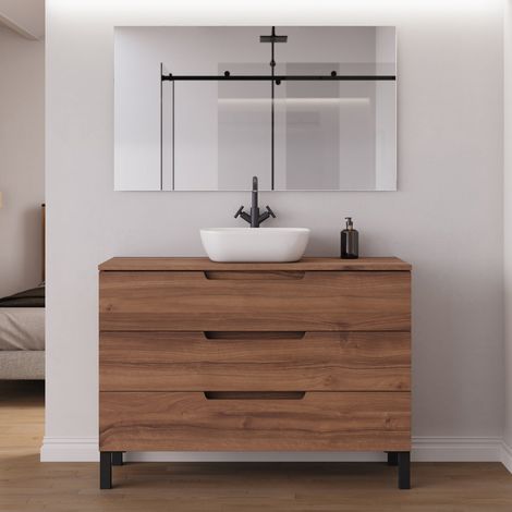Meuble de salle de bain 120cm avec plateau et vasque à poser arrondie - 3 tiroirs - noyer (bois foncé) - RIZA (1/5)