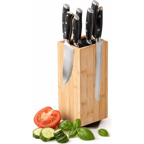 Relaxdays Magnetic Knife Block, bristle insert, rotatable, bamboo, HxWxD: 26 x 10.5 x 10.5 cm, knife stand, natural (1/5)