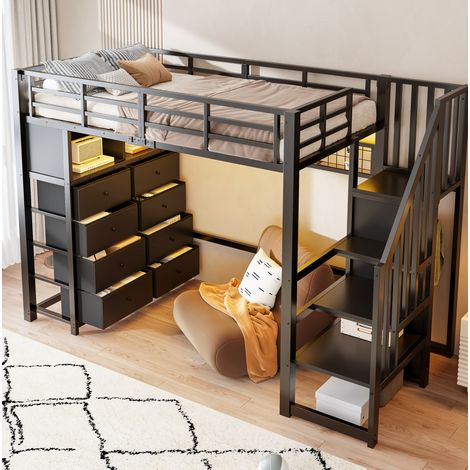 Letto a castello 90x200 cm in metallo nero con 8 cassetti, scale contenitore, LED e scaffali (1/5)