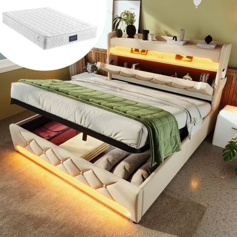 Bett Doppelbett Stauraum 140x200 LED Leinen OKMYHOME (1/5)