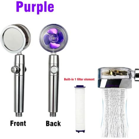 Pommeau de douche (violet) à jet haute pression économe en eau, avec turbine rotative à 360° et filtre réglable. Accessoires de salle de bain. (1/5)