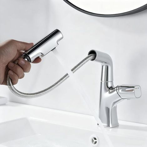 Mitigeur Lavabo avec Douchette Extractible, Robinet Lavabo Salle de Bain Pivotant à 360°(2 Modes, Bec Hauteur 19 cm, Réglable en Hauteur, sans Bonde, sans Tirette de Vidage), Chromé (1/5)