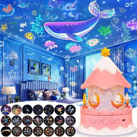 LED-Nachtlicht für Kinder, Sternenhimmel-Projektor, 21 Filme mit 360°-Drehung und einstellbarer Helligkeit – Rosa (1/5)