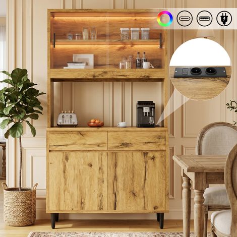 Buffet Armoire Haute Salle à Manger Couleur Chêne 10040185 cm, Rangement Multi-Niveaux Prises USB-C USB-A Bandeau Lumineux Coloré Meuble Bar (1/5)
