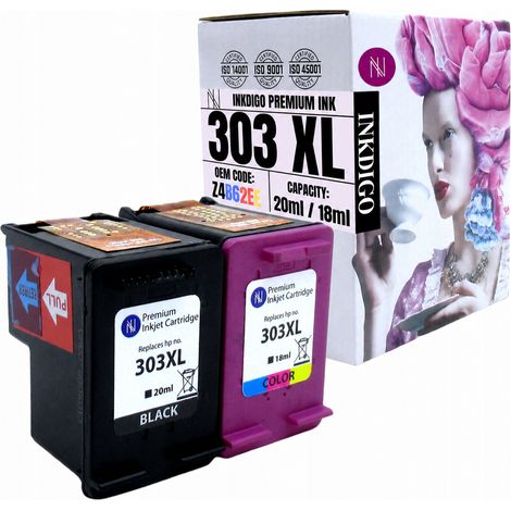 Encre Inkdigo 303XL compatible avec les imprimantes HP Envy Inspire 7220e, Photo 6220 et Photo 6234. Certifiée TÜV. (1/5)