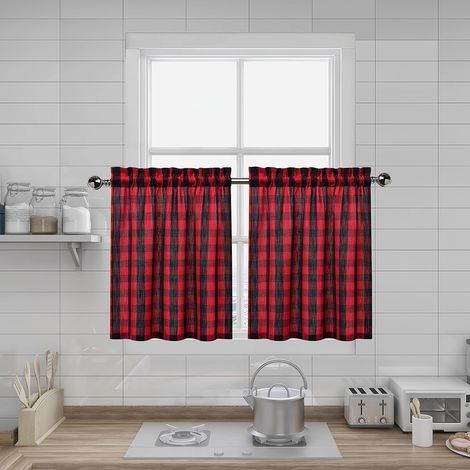 Rideaux à étages à carreaux noirs et rouges — Idéaux pour fenêtres de cuisine et de salle de bain — 70 x 60 cm — Lot de 2 pièces (1/5)