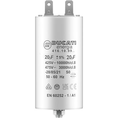 Condensateur 20 uF 450V AC pour moteur monophasé – Polypropylène – Tolérance 5% – Longueur 70mm – Cosses 10mm