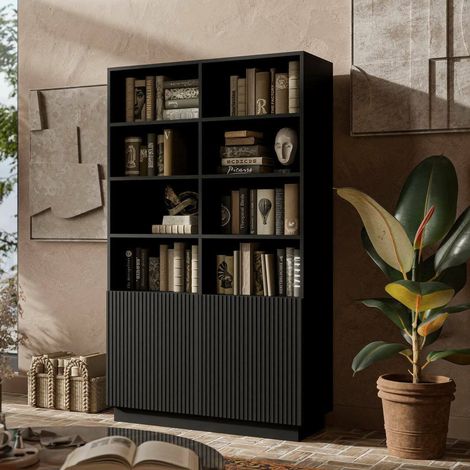 Librería Miniato, estantería con compartimentos abiertos y dos puertas, diseño moderno y minimalista, 172x40 h100 cm, color negro (1/5)