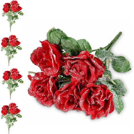 Set 4 Mazzi di Rose Rosse Artificiali Effetto Innevato (1/2)