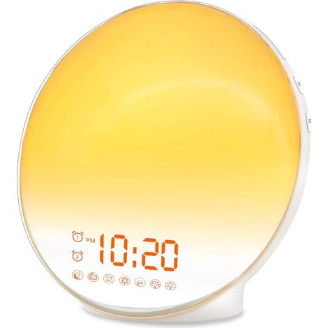 Réveil lumineux à l'aube pour enfants, gros dormeurs, chambre à coucher avec simulation d'aube, aide au sommeil, double réveil, radio FM, répétition, veilleuse, lumière du jour (1/5)