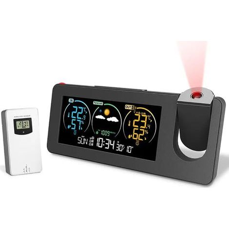 Réveil de projection, station météo avec capteur extérieur, projecteur de chambre à coucher, horloge à intensité variable, double alarme, affichage LCD, date, heure, température, humidité prévisions (1/5)