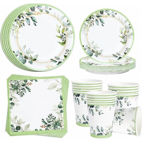 Vaisselle Jetable Anniversaire Vert, 96 Pièces Assiette Jetable Vert Sauge, Assiettes Carton Tasses Serviettes pour Decoration Bapteme Garcon Fille Baby Shower Mariage Anniversaire (24 Invités) (1/5)