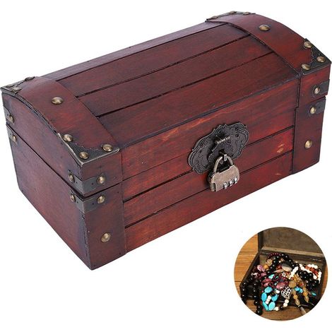 Coffret de rangement vintage en bois rétro, fait main, pour bijoux et objets de collection, avec serrure à code (taille S) (1/5)