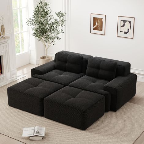 Canapé modulaire sans montage, canapé panoramique moderne en velours côtelé, avec 2 coussins et 2 poufs, canapé 2 places convertible pour salon - Noir