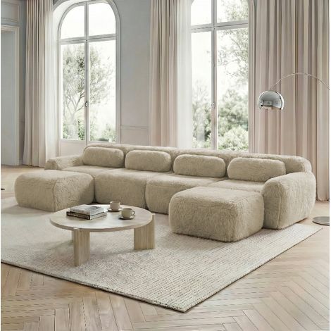Modulares U-förmiges Sofa hellkhaki aus Plüschstoff rahmenlos mit Kissen und rutschfester Basis (1/5)