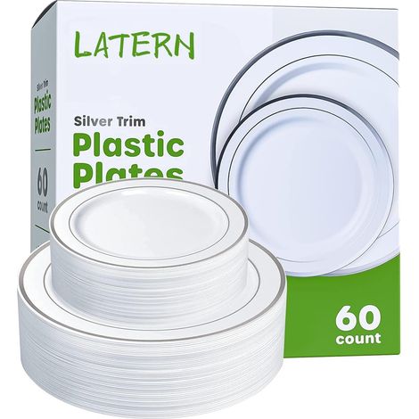 Set di stoviglie in plastica argentata da 60 pezzi, composto da 30 piatti piani (26 cm) e 30 piatti da insalata (19 cm), riutilizzabile per compleanni, matrimoni, dessert e feste in giardino. (1/5)