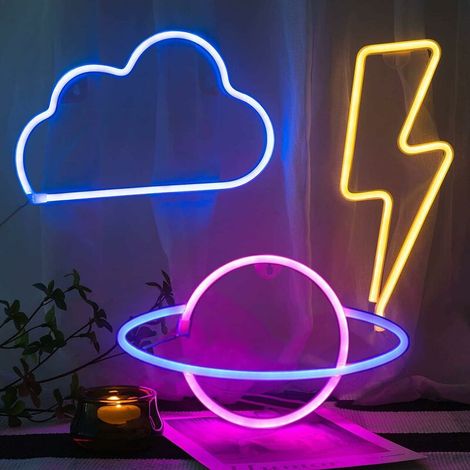 Néon LED Nuage - Décoration Murale Lumineuse avec Planètes - Alimentation USB ou Piles AA - Veilleuse Intérieure pour Chambre Enfant - 1 Pièce