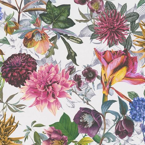 Flowers wallcovering wall Profhome 381754 smooth non-woven non-textured wallpaper with floral ornaments matt white purple green pink 5.33 m2
