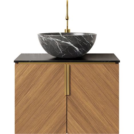 Lavabo vasque noir céramique motif pierre, meuble salle de bain 61cm avec plan en pierre frittée noire, armoire bois contreplaqué 2 portes, placard chêne brun aspect bois, support mural (1/5)