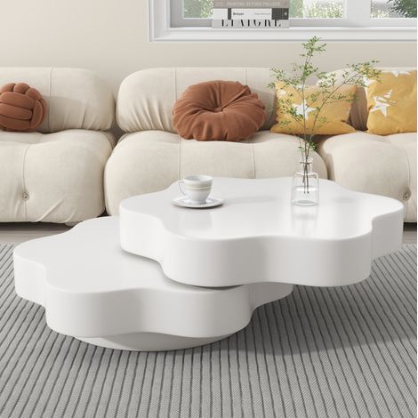Table basse pivotante 360° 74,8x67,5x31 cm, double plateau, design fleur, MDF blanc creme pour salon (1/5)