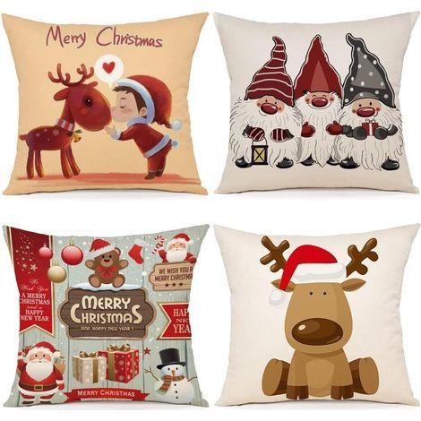 Housse Coussin Noel 45x45 Lot de 4 Housse de Coussin Deco Noel Coton et Lin Décoratif Taie d'oreiller 45 x 45 cm pour Chambre, Chaise, Lit Decoration Noel (1/5)