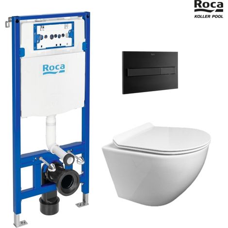BASTIDOR ROCA DUPLO PACK CISTERNA EMPOTRADA Y PULSADOR PL7 DUAL NEGRO CON WC SUSPENDIDO KP ROUND SMART Blanco Tapa fina (1/5)
