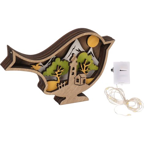 Statuettes oiseaux en bois lumineuses 3D sculptées à la main décorations creuses lumineuses pour Pâques Noël Nouvel An (1/5)