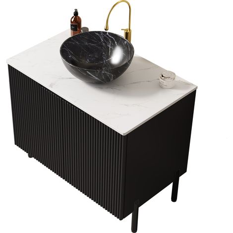 Mobile bagno freestanding 76 cm nero con lavabo in ceramica e piano in pietra sinterizzata (1/5)