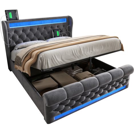 Lit coffre 140x200 cm en velours gris avec LED, tête de lit rangement et ports USB/Type-C (1/5)