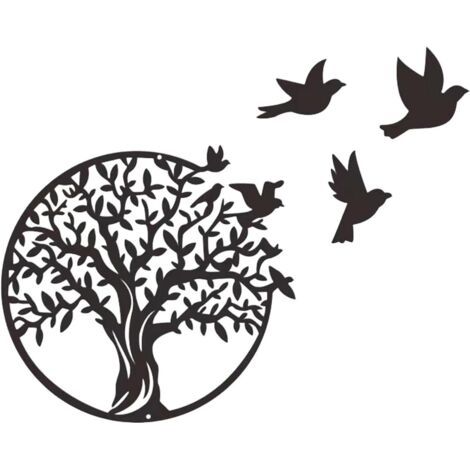 Art mural en métal arbre de vie – Décoratif avec logo oiseau – 29,5 x 28,5 cm – Pour salon, chambre, bureau, cuisine (1/5)