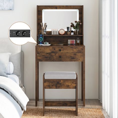 Coiffeuse avec Miroir LED et Tabouret, Table de Maquillage Lumière et Luminosité Réglable, Station de Recharge, Étagère, 64 x 40 x 132 cm (Marron) (1/5)