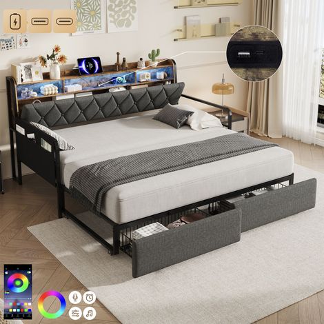 3ft Single Daybed with Pull-out Trundle and Storage Drawer, Walnut Wood Sofa Bed with LED Lighting and Charging Station, Concealed Headboard Storage, Reversible Side Pocket, Linen, Grey (No Mattress)