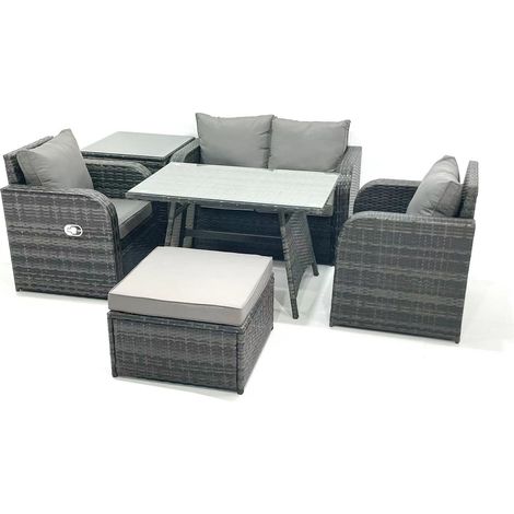 Fimous Gartenmöbel-Set Rattan Sofa Esstisch Set mit Liegestühle Beistelltisch 2 Großer Hockern Dunkelgrau Gemischt (1/5)