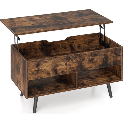 Tavolino da caffè moderno con scomparto nascosto e 2 scaffali aperti, Tavolino per soggiorno in legno Marrone (1/4)