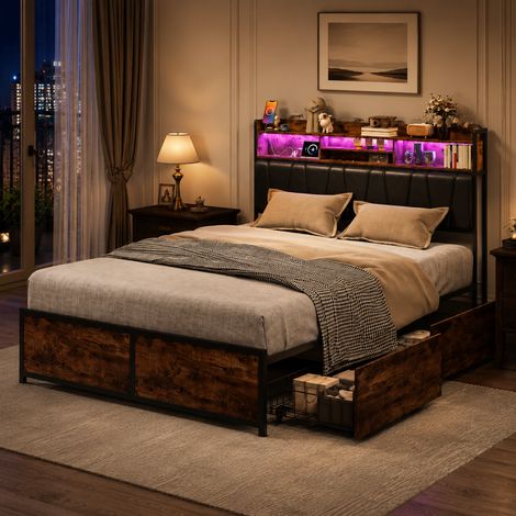 Lit Double 180x200 cm avec LED et 4 Tiroirs, Lit Adulte avec port USB et Type-C, Tête de Lit avec Étagères de Rangement, Noir (1/5)