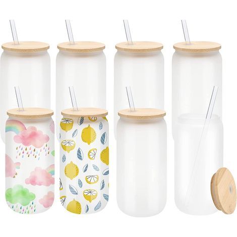 8-teiliges Set aus Glasbehältern für die Sublimation, 520-ml-Bierdose mit mattierter Sublimationsbeschichtung, Borosilikatglasbecher, Einmachglas mit Bambusdeckeln und wiederverwendbarem Strohhalm – f (1/5)
