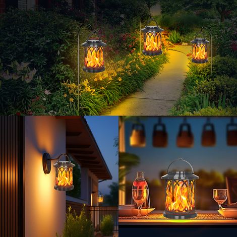 Lot de 2 lampes solaires suspendues d'extérieur avec effet flamme vacillante réaliste, LED étanches, idéales pour décorer un jardin, une allée ou une terrasse.-AquaForge