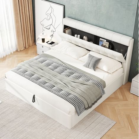 Cama Baúl 160x200 Cm Estructura Elevable Hidráulica PU Blanco (1/5)