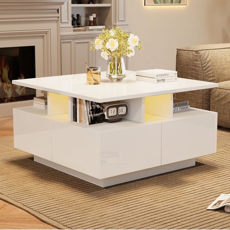 Couchtisch 70x70x40 cm weiß aus Spanplatte in Hochglanzoptik mit LED-Beleuchtung und 4 Schubladen (1/5)