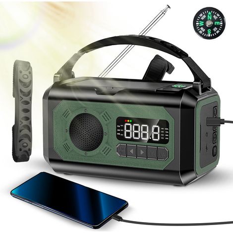 Radio météo d'urgence à manivelle avec alerte NOAA 12 000 mAh solaire portable AM/FM/WB 3 modes lampe de poche/lampe de lecture chargeur de téléphone portable prise casque SOS boussole pour la maison, (1/5)