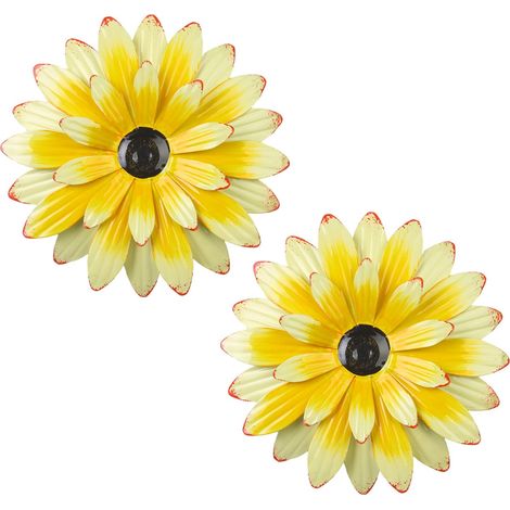 Decoración mural en metal : Lote de 2 tournesols decorativos hechos principales de 20 cm - Amarillo - Decoración mural exterior en suspensión para jardín, terraza, porche, estilo champán (1/5)
