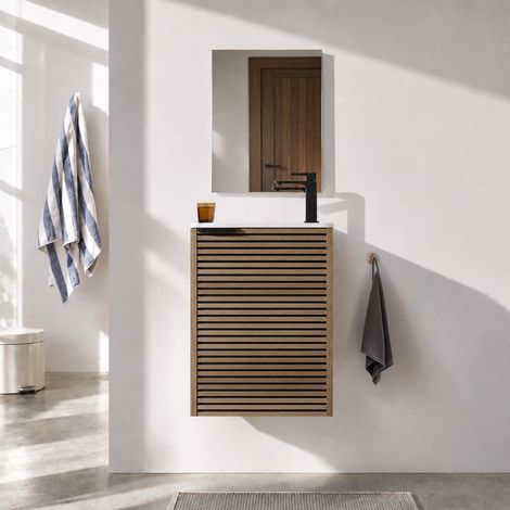 Set mobile da bagno salvaspazio scanalato legno e nero 40x50x22 cm - Lavabo e specchio - MALO (1/5)