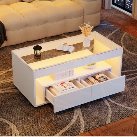 Couchtisch aus Spanplatte Weiß 100 cm mit gehärteter Glasplatte, LED, 2 Schubladen (1/5)