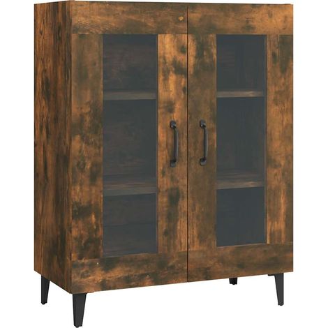 Buffet Vitrine Armoire de Rangement 2 Portes en Verre Bois d'Ingénierie Chêne Fumé 69,5x34x90 cm (1/5)